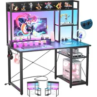 Computer Desk with LED Lights & Power Outlets, Home Office Desk with Reversible 5 Tiers Storage Shelves & Monitor Stand 1