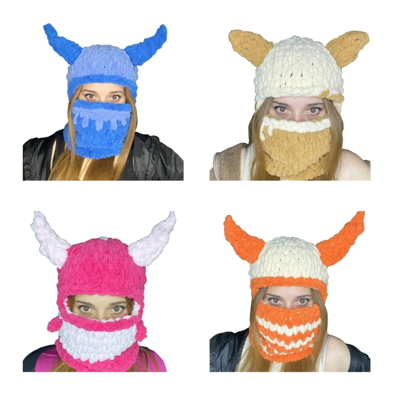 

Funny Horn Balaclava Cap for Women Men Adult Halloween Face Mask Beanie Hat Handmade Warm FaceCover Plush Hat for Party