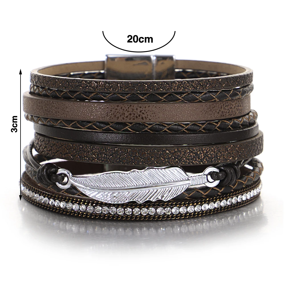 ALLYES Vintage Leaf Feather Multilayer Leather Bracelet Men