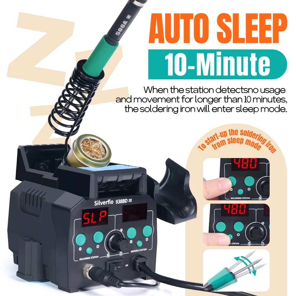 Silverflo 938BD-III Soldering Station Rapid Heating T12 Soldering Iron Hot Air Welding Station With Auto Sleep For SMD Rework 3