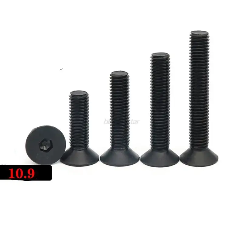 5/10/25/50x M1.6 M2 M2.5 M3 M4 M5 M6 M8 Black Grade 10.9 Steel Hexagon Hex Socket Head Flat Countersunk Bolt Screw Length 3-80mm