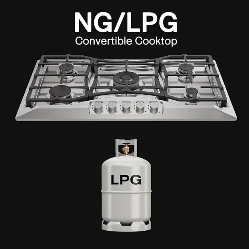 36 in. Gas Stove Cooktop 5 Italy Sabaf Sealed Burners NG/LPG Convertible in Stainless Steel, Cooking Appliances Cooktops 3