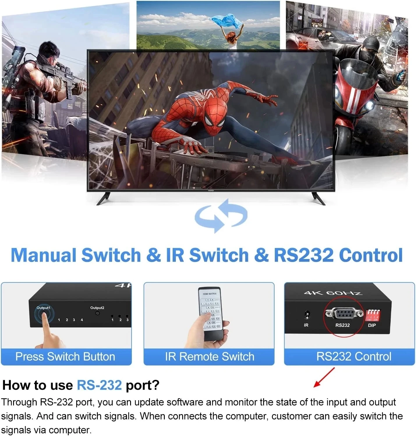 4K 60Hz HDMI True Matrix 4x4 HDMI 2.0 Matrix Switcher 4 in 4 out Video Switch Splitter Converter with RS232 EDID HDCP 2.2