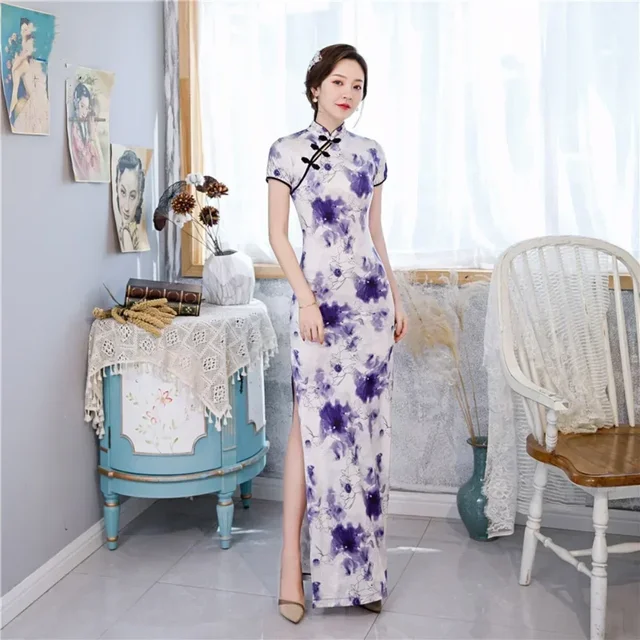 Sexy Vintage Qipao Long Ladies Dresses Chinese Style Maxi Dress Women Vestidos Bodycon Cheongsam Elegant Summer Woman Clothing 4