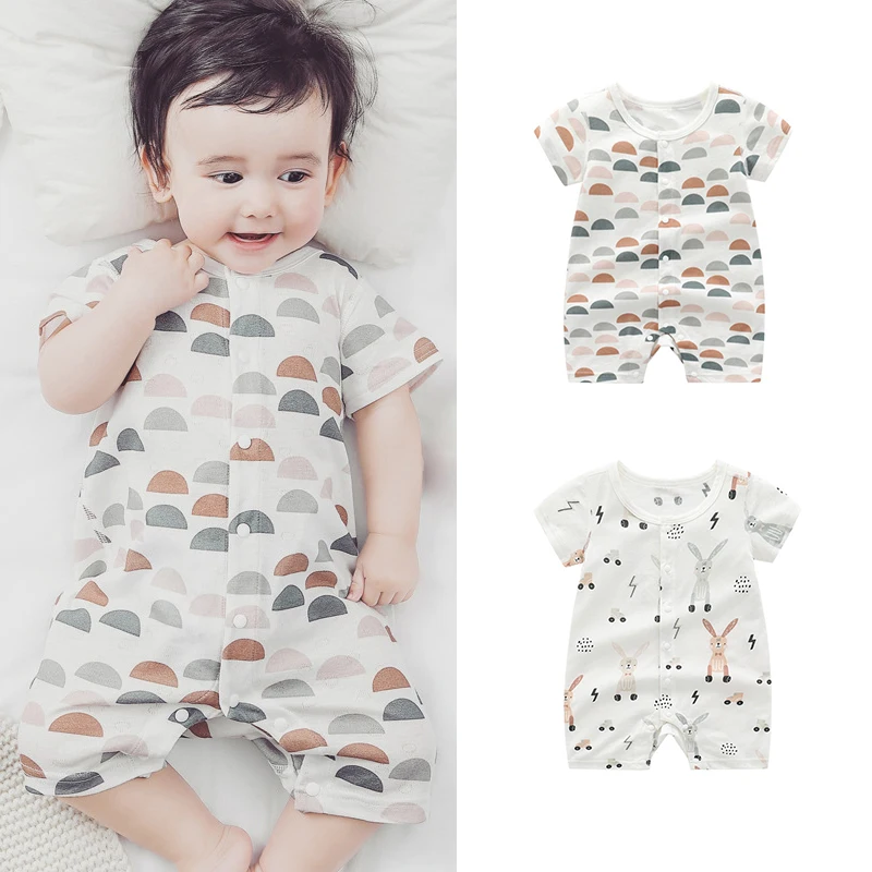 Baby Bamboo Fiber Romper Summer Cartoon Print Short Sleeve Jumpsuit For