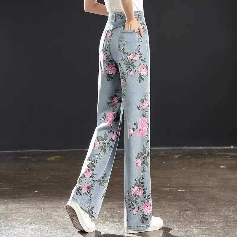 

New Jeans Female Spring Autumn Thin High Waist Loose Straight Denim Pants Fashion Printed Trousers Cowgirl Wide-Leg Pants