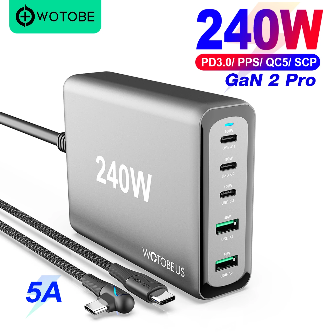 240W GaN 2 Pro USB C Fast Charger, WOTOBE 5 port PD100W PPS 65W 45W QC4