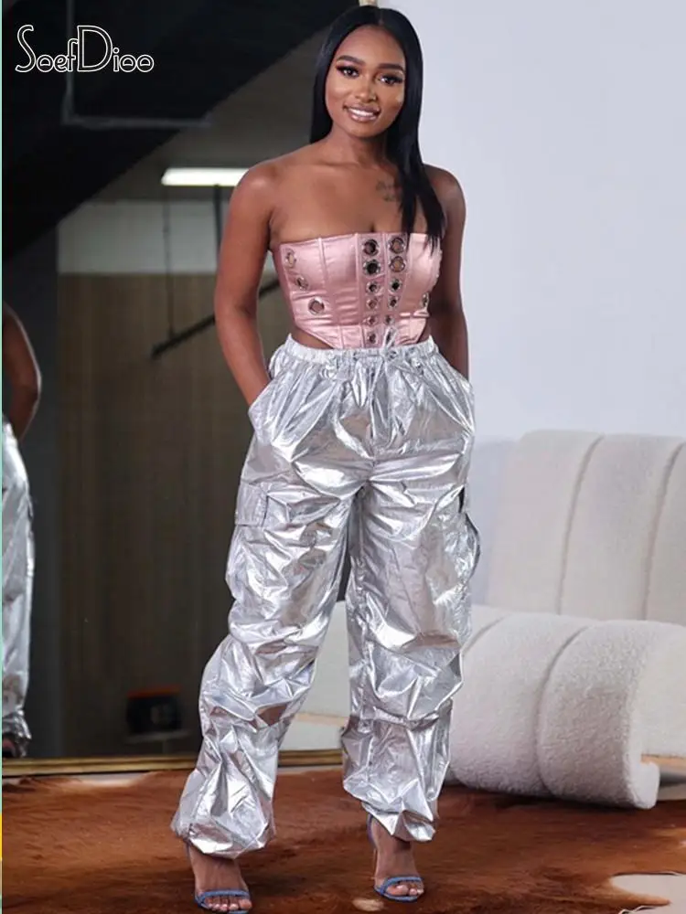 

Soefdioo Metal Shiny Solid High Waisted Strecth Straight Trousers Women Autumn 2023 Streetwear Fashion Wide Leg Jogger Pants