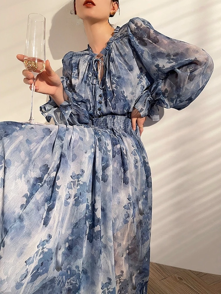 French Vintage Long Sleeve Fairy Dress Women Slim Fashion Floral Midi Dress Beach Casual Korean Style Dresses Female 2023 Summer