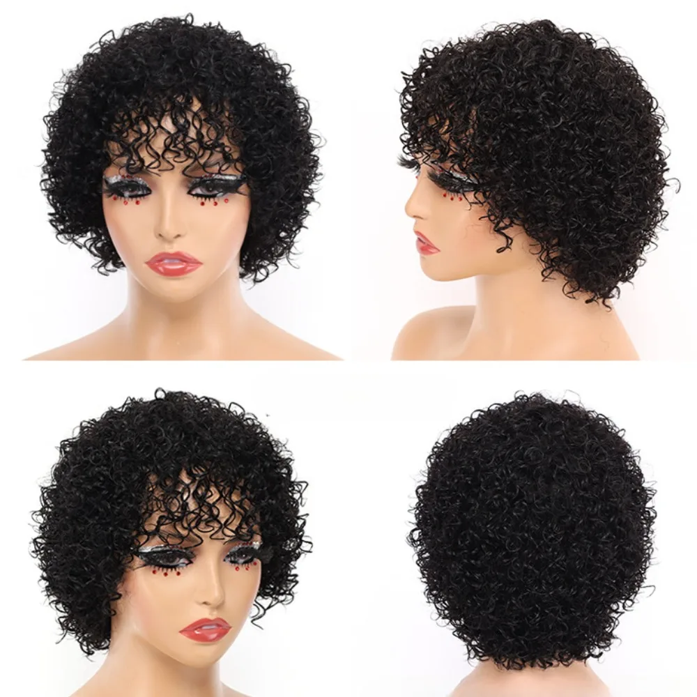 Human Hair Afro Kinky Curly Short Wigs For Women Full Machine Made Natural Black Glueless Wear And Go Brazilian Remy Hair
