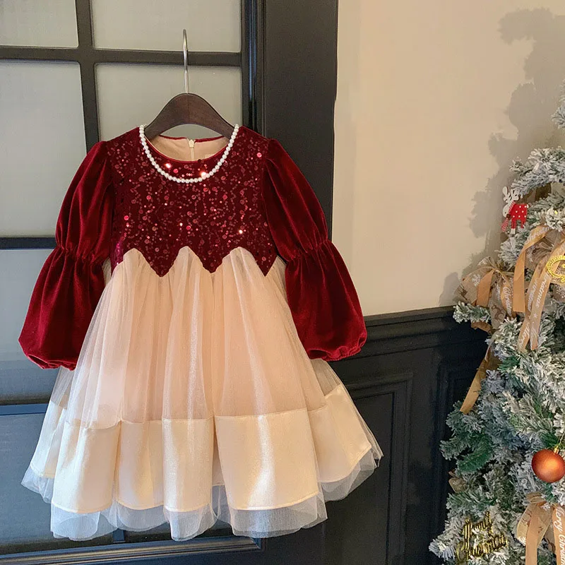 2025 Christmas Toddler Girl Velvet Dress Sequined Bling Party Gown Warm Fleece Tulle Skirt for Birthday Girls Princess Dress