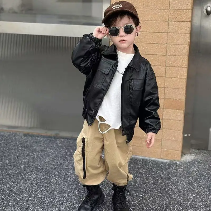 2-9세 어린이용 PU 재킷 봄과 가을 2025 신상 남아용 플러시 두꺼운 캐주얼 코트  가죽 재킷 90-150cm