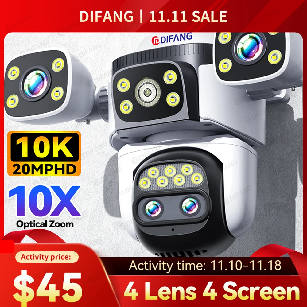 10K 20MP UHD WiFi6 IP Camera Outdoor Four Screen CCTV 10X Zoom Security Camera Ai Track Four Lens 360&deg; Surveillance Video Cam security camera