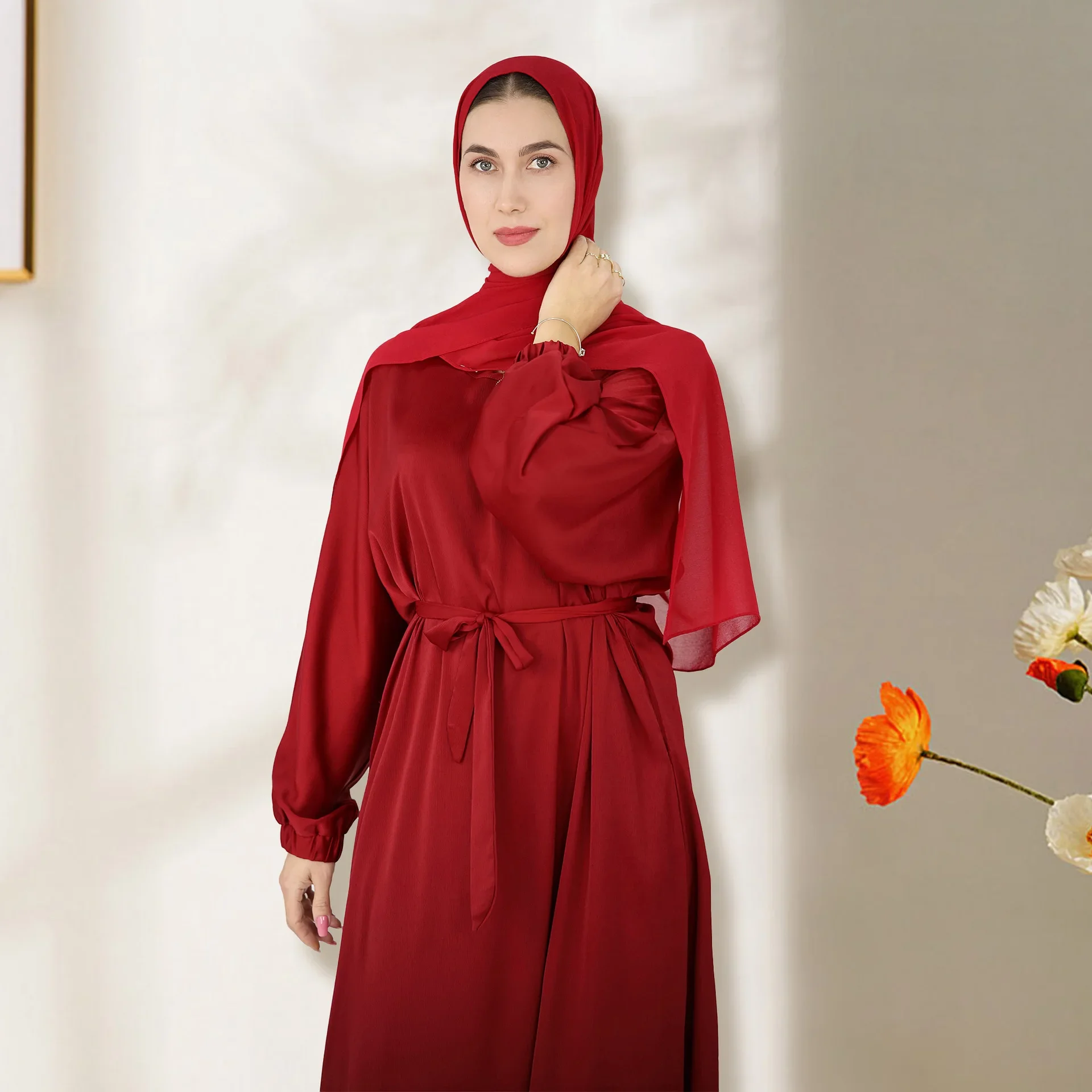Eid Satin Abaya Dubai Muslim Long Dresses for Women Plain Abayas Luxury Belted Modest Party Dress Islamic Turkey Hijab Kaftan