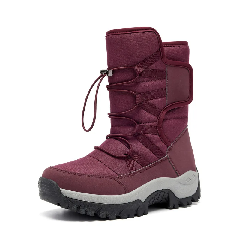 High quality mid calf leather snow boots for women 2023 winter size 41 42 hiking outdoor mountain plush warm shoe - beige purple