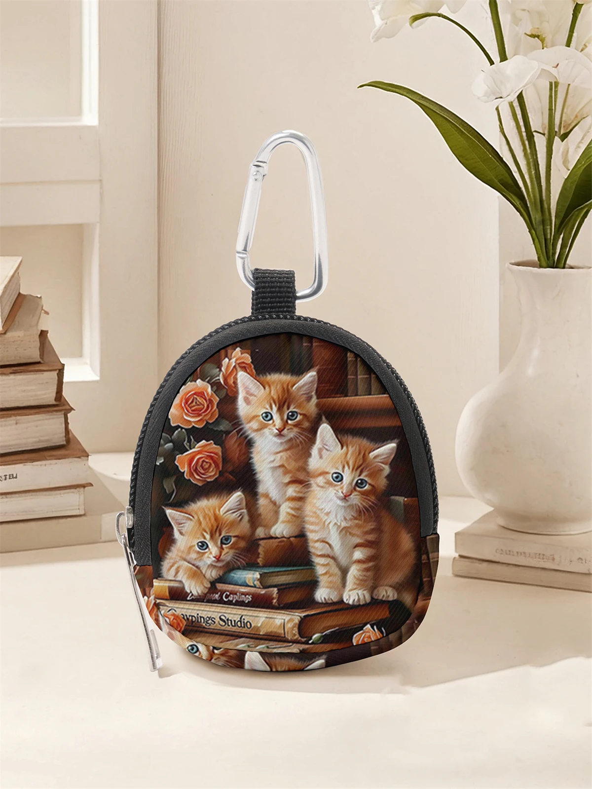 Cat pattern printed mini wallet, zipper change bag with hook clip, headphone key bag, suitable for men and women