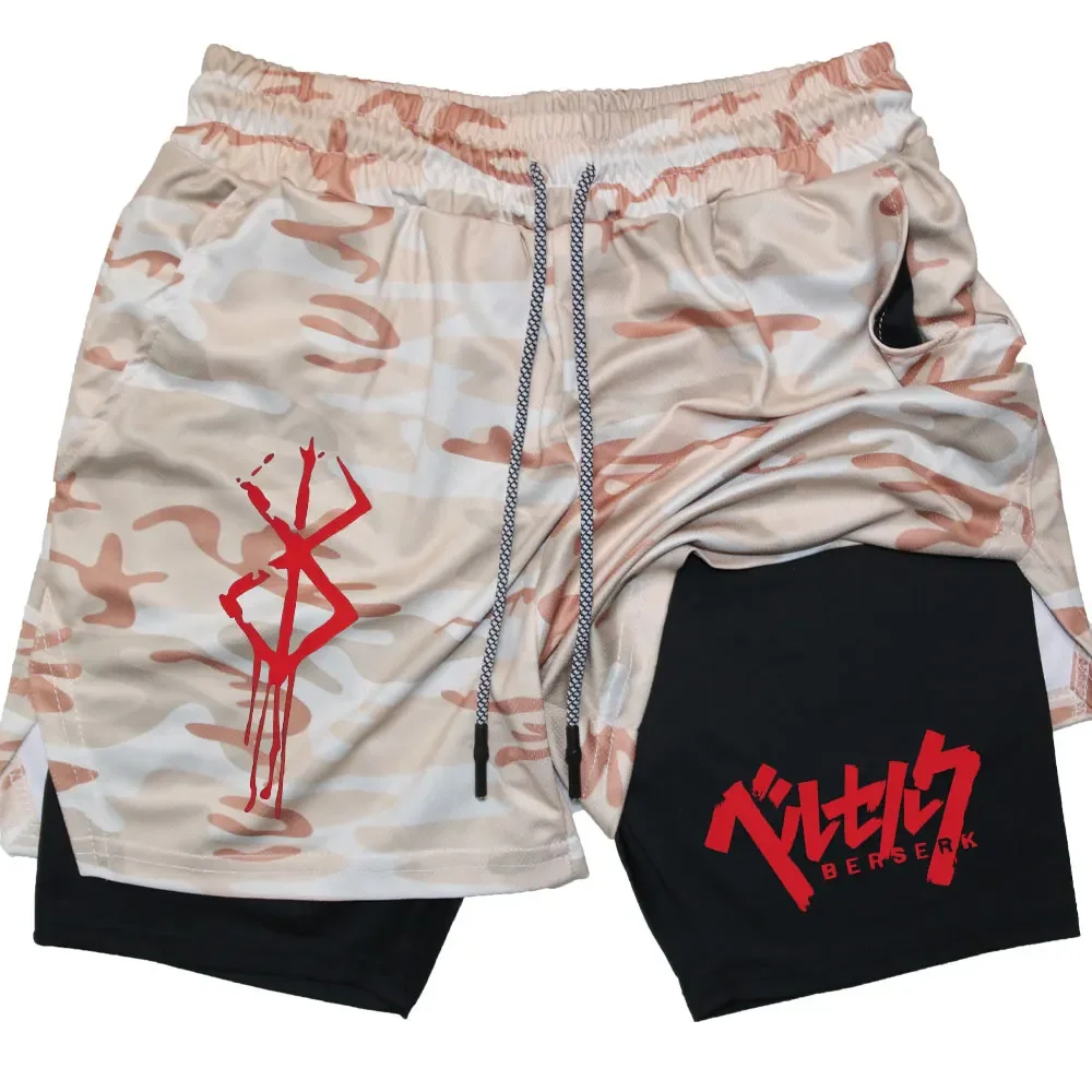 Anime Berserk 2 in 1 Gym Shorts for Men Active Athletic Compression Shorts 5 Inch Quick Dry Stretchy Training Fitness Workout 5