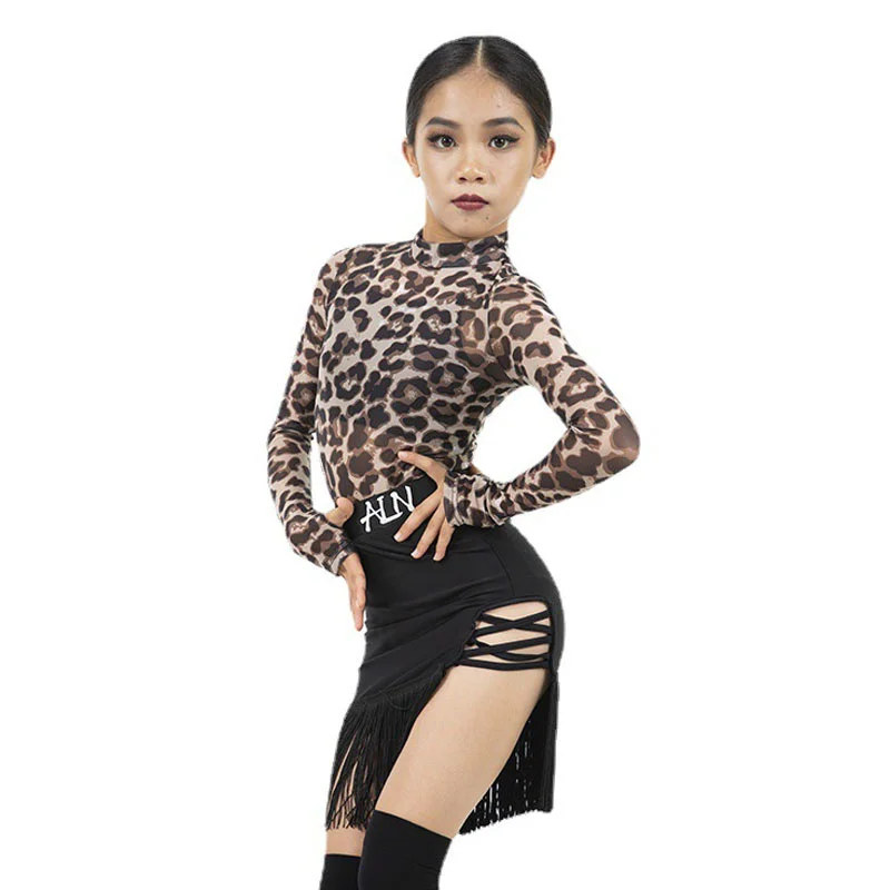 

Children's Dance Autumn Latin Long Sleeve Stage Costume Skirt Girls' Suit Leopard Print Lightweight Elastic Tassel Short Skirt