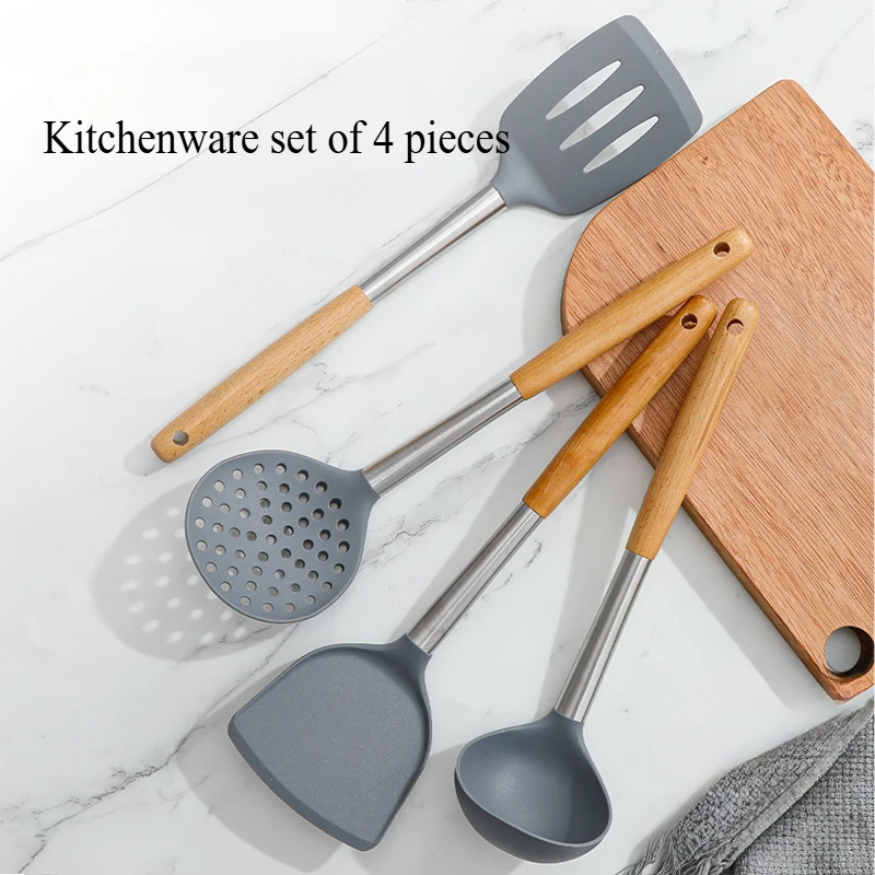 Kitchen Utensils Silicone Wooden Handle Non Stick Pot Kitchenware Cooking Set Soup Spoon Pasta Colander Shovel