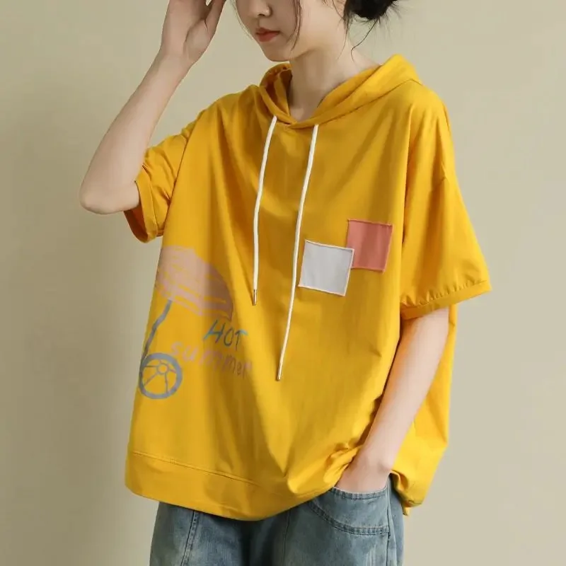 

50% Cotton Hoodie O Neck T Shirt Woman 2022 Korean Style Women Shirts Summer Short Sleeve Shirt Woman T-shirt Loose
