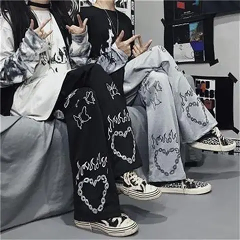 Hip Hop Vintage Women Oversized Pants Streetwear Fashion Spring Autumn High Waist Butterfly Print Loose Casual Wide Leg Trousers