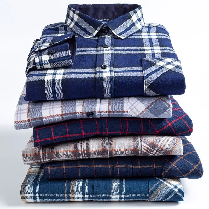 2022 Cotton Flannel Plaid Mens Shirts Casual Long Sleeve Regular Fit Home Dress Shirts For Man Clothes mens plaid patchwork pocket flannel shirt l gray