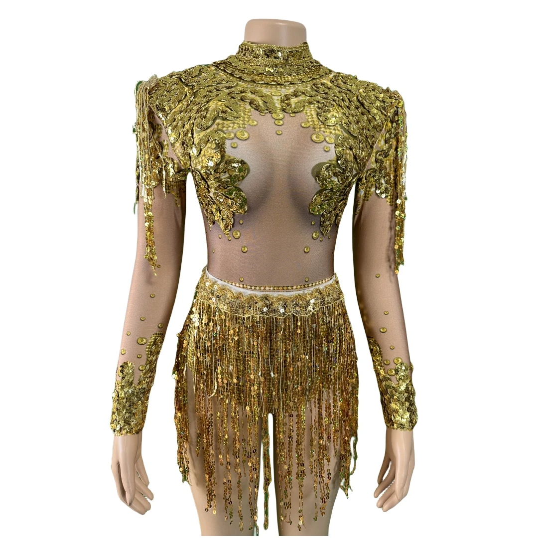 Women Gold Sparkly Sequin Rhinestones Pcs Set Dress Design