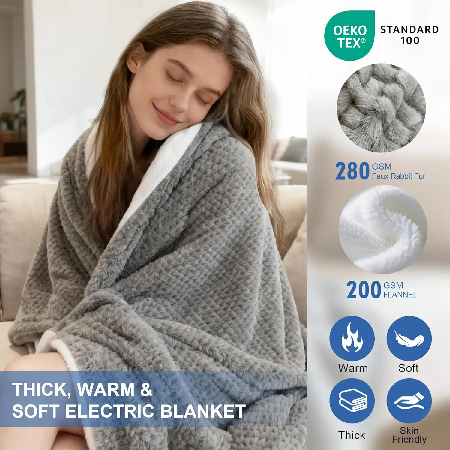 Electric Heated Blanket with Faux Fur, 5 Heat Levels & Auto-Off, Grey 50x60 Inches