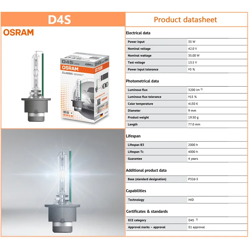 OSRAM Xenon HID CLASSIC D1S D2S D3S D4S Standard Lamps 66140 66240 66340 66440 CLC Original Car Head Light 4200K Warm White Pair 6