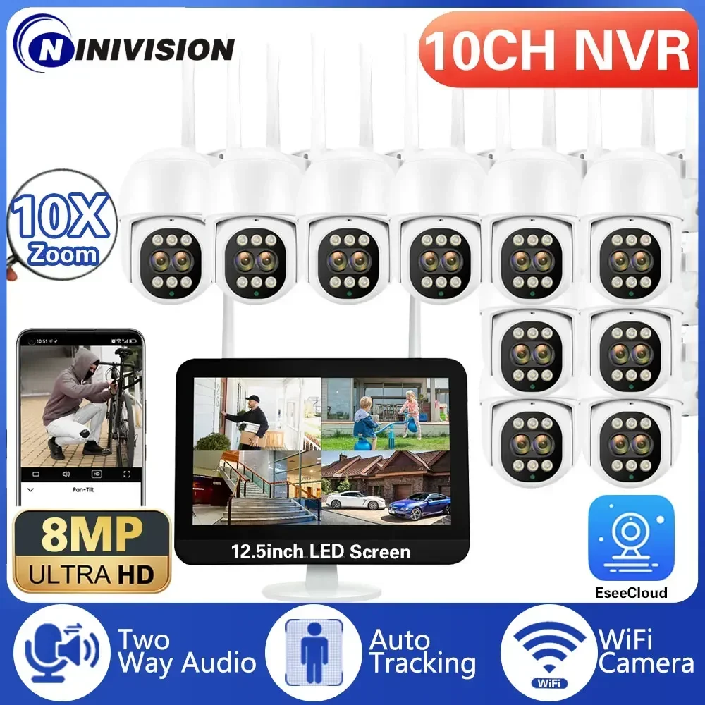 Monitor Da 12.5 "Pollici 10Ch Nvr Kit Wireless Ptz Security 8Mp 10X Sistema Di Telecamere Con Zoom Auto Track Home Wifi Cctv Telecamere Di Sorveglianz
