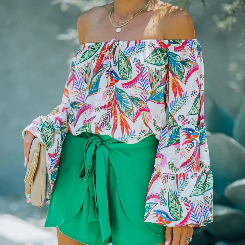 

Элегантная рубашка с открытыми плечами и принтом, женская модная повседневная винтажная блузка с воротником-лодочкой на шнуровке, Женские повседневные топы с расклешенными рукавами, новинка 29107