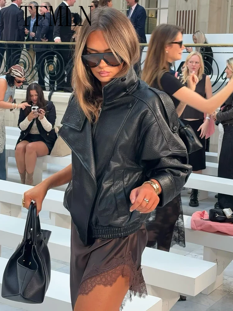 TFMLN 2025 Winter Women Thicken Faux Leather Jacket Long Sleeve Pockets Coat Fashion Causal Zipper Warm Outwear