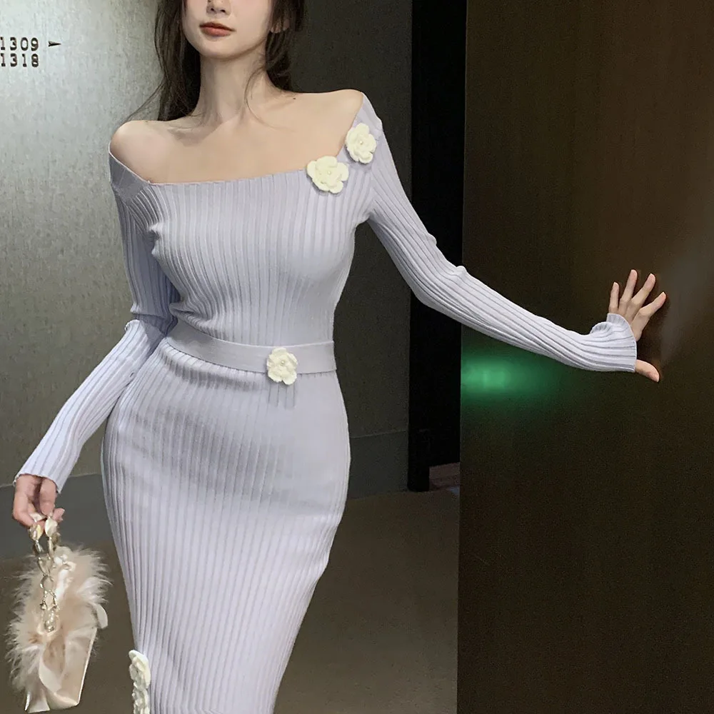 

Winter Knitted Dress Women Casual Long Sleeve Bottoming Long Dress Ladies Slim Package Hip Knit Pullover Elegant Sweater Dress