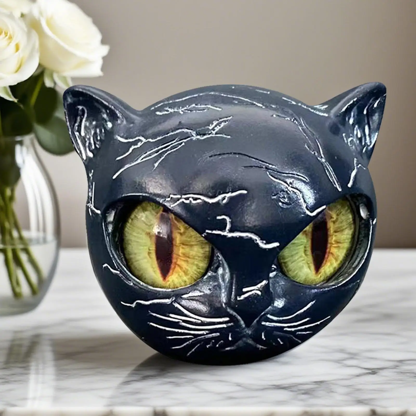 Luxury Black Cat Stone Sculpture Creative Mini Resin Cat Head Desktop Decorations Marble Texture Cat Stone Gifts For Cat Lovers