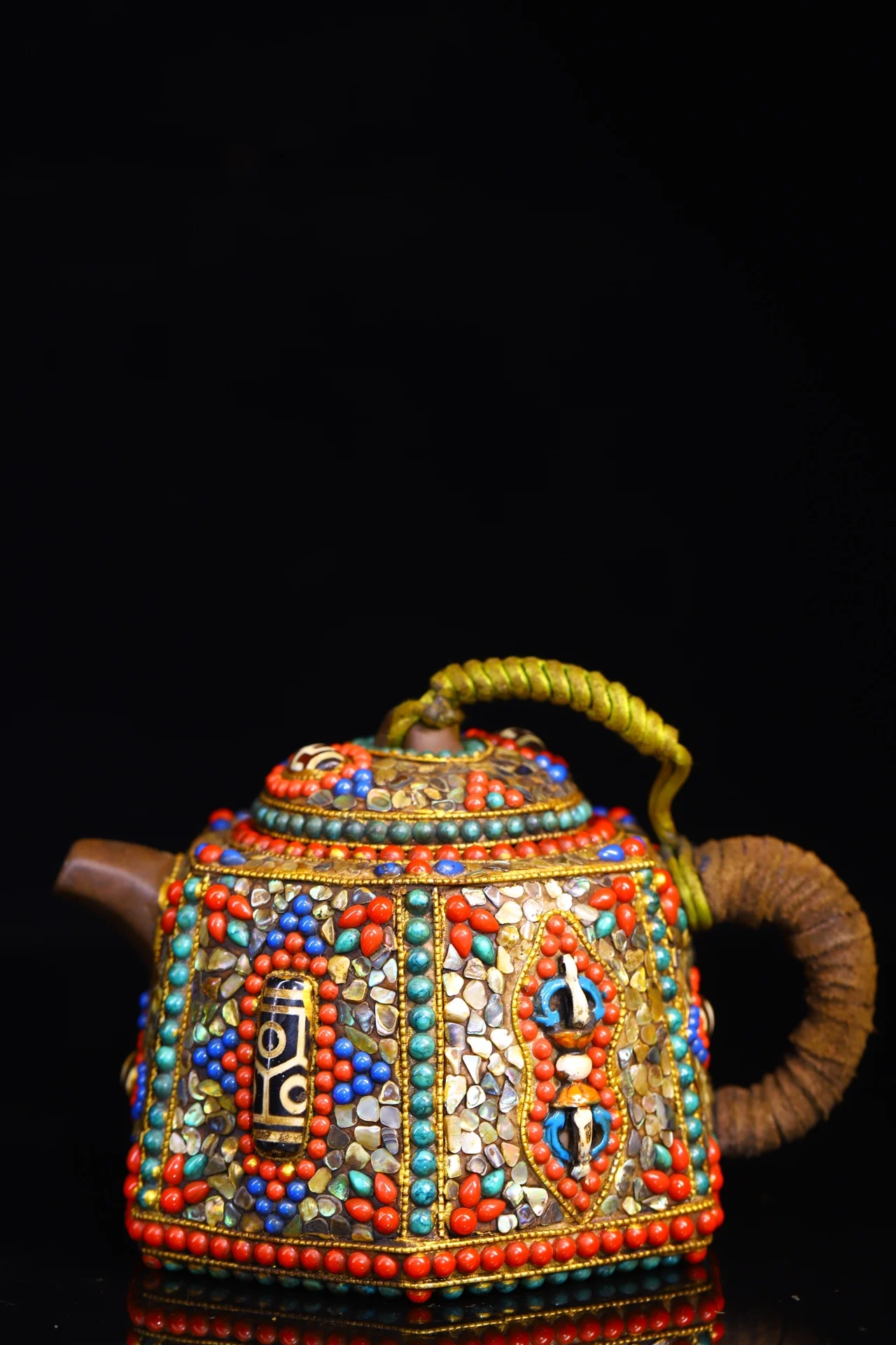 

6"Tibetan Temple Collection Old Purple Clay kettle Mosaic Gem Shell Hexagonal Pot Flagon Kettle Amulet Town House Exorcism