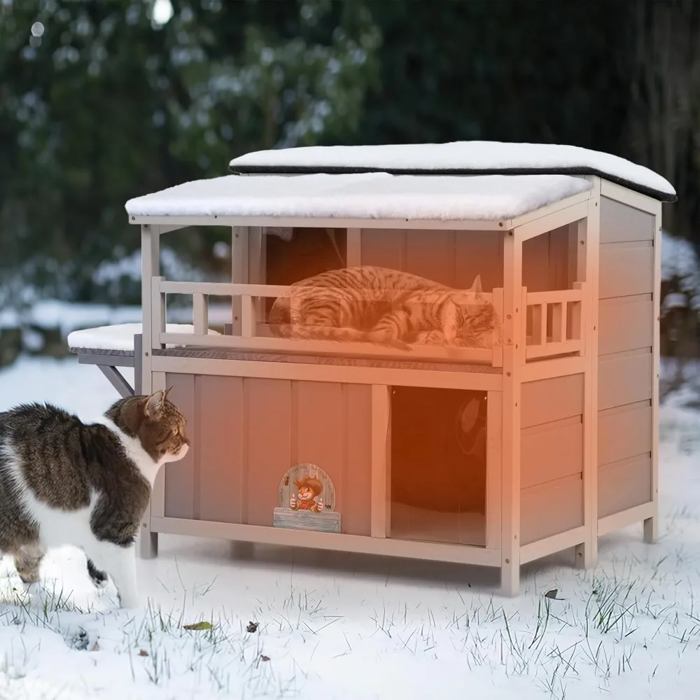 Outdoor Insulated Cat House, 2-Tier Warm Wood Cat Shelter with Sunlight Roof, Balcony, Jumping Platforms,Weatherproof, Openable