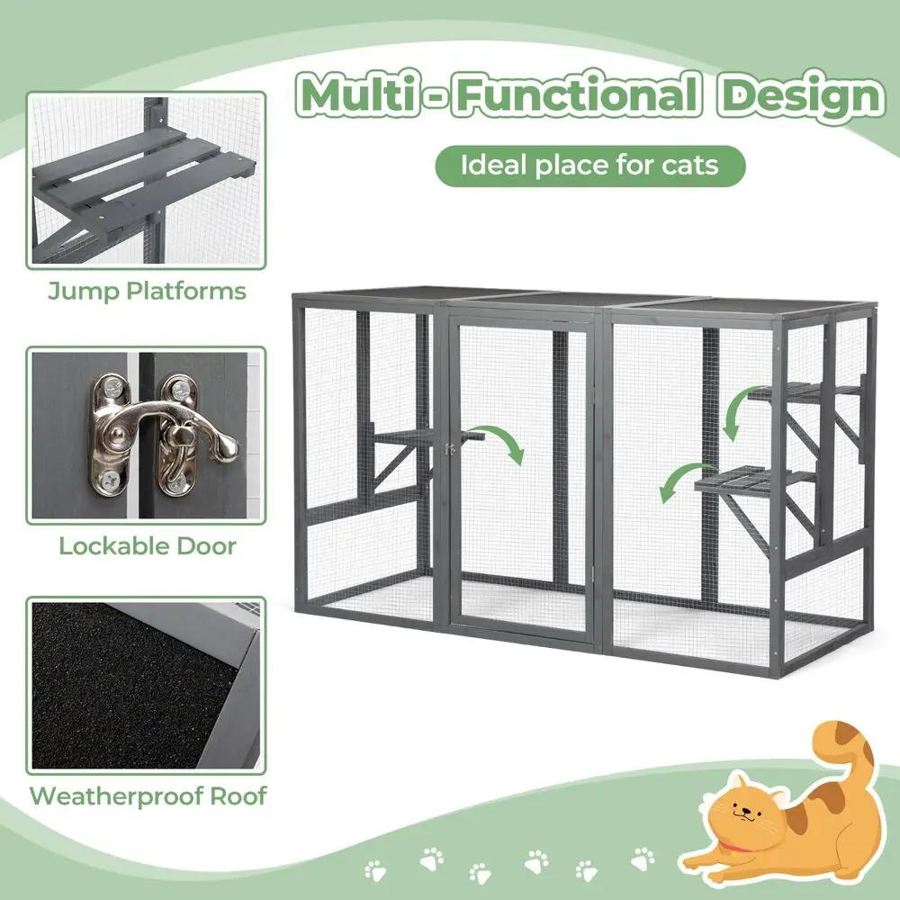 43.5"H Large Wooden Cat Enclosure,Wooden Cat House Weatherproof, Window Catios with 3Platforms,Secure Patio & for Cats