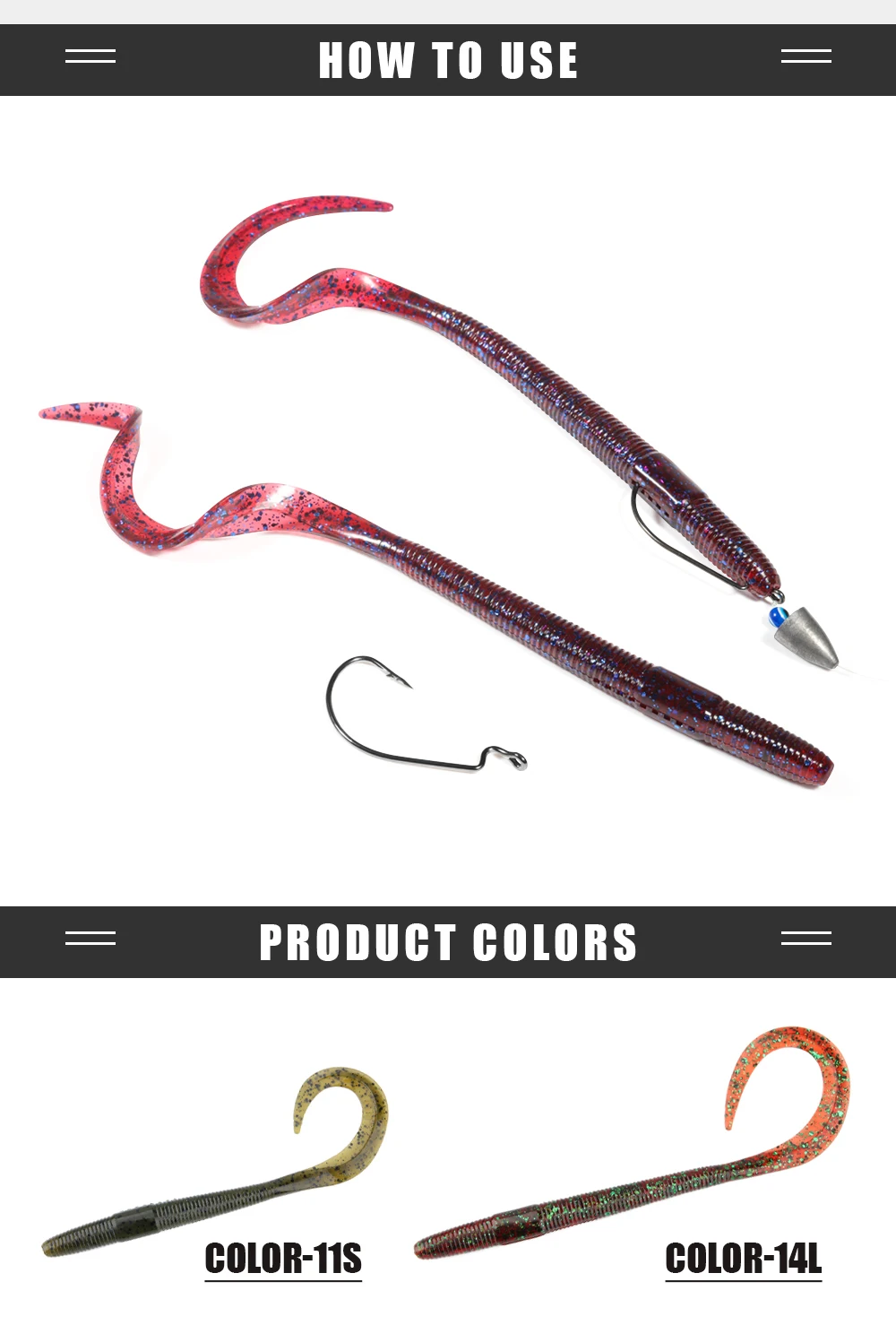 Palisander Lange Locken Schwanz Wurm Weiche Angeln Köder 8 "10" Doppel Farbe Regenwurm Silikon Künstliche Köder Bass Hecht forelle Tackle – Detail 6