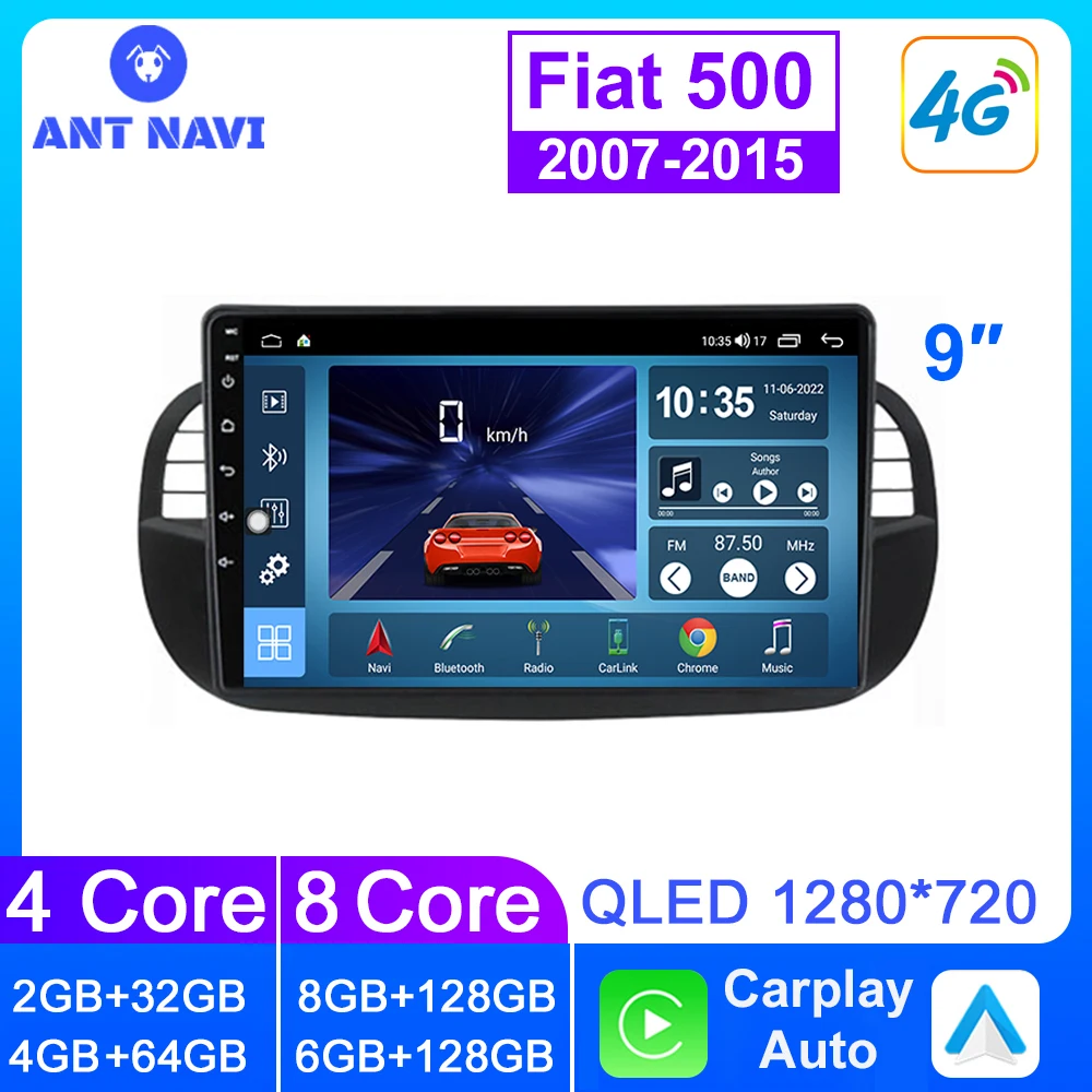 Antnavi Autoradio Per Fiat 500 2007-2015 Lettore Multimediale Per Auto Android Car Stereo Dsp Qled Touch Screen 2 Din Wireless Carplay