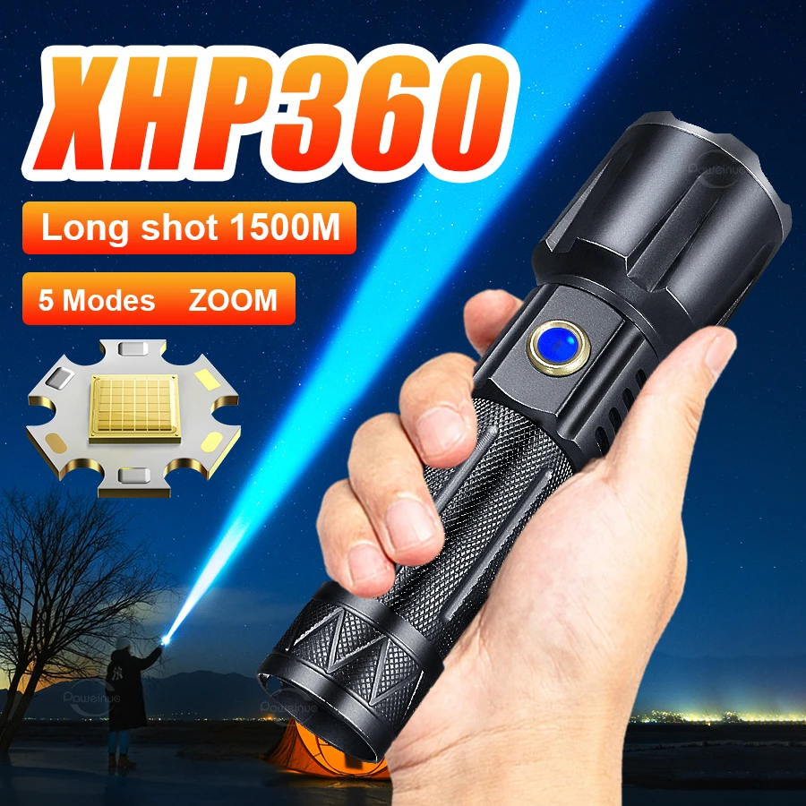 XHP360 High Power LED Flashlight Portable Rechargeable LED Lamp Powerful Lantern High Lumens Rechargeable Ultra Powerful Torch