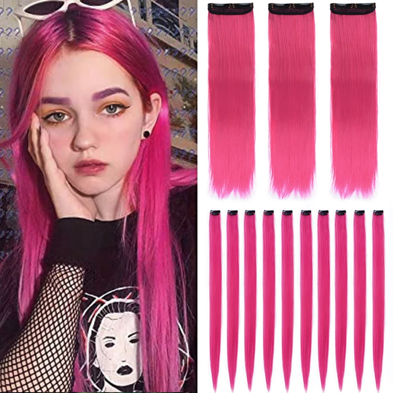 Цветные аксессуары для наращивания волос на клипсе для девочек, разные цвета, прямые синтетические шиньоны для девочек, 22 дюйма
