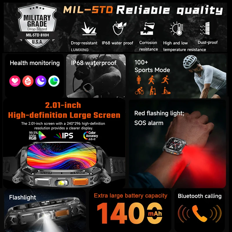 2026 New Military Grade 1400 mAh Battery Smart Watch Men 2.01" AMOLED Screen IP68 Waterproof Sports Fitness BT Call Smartwatches 2