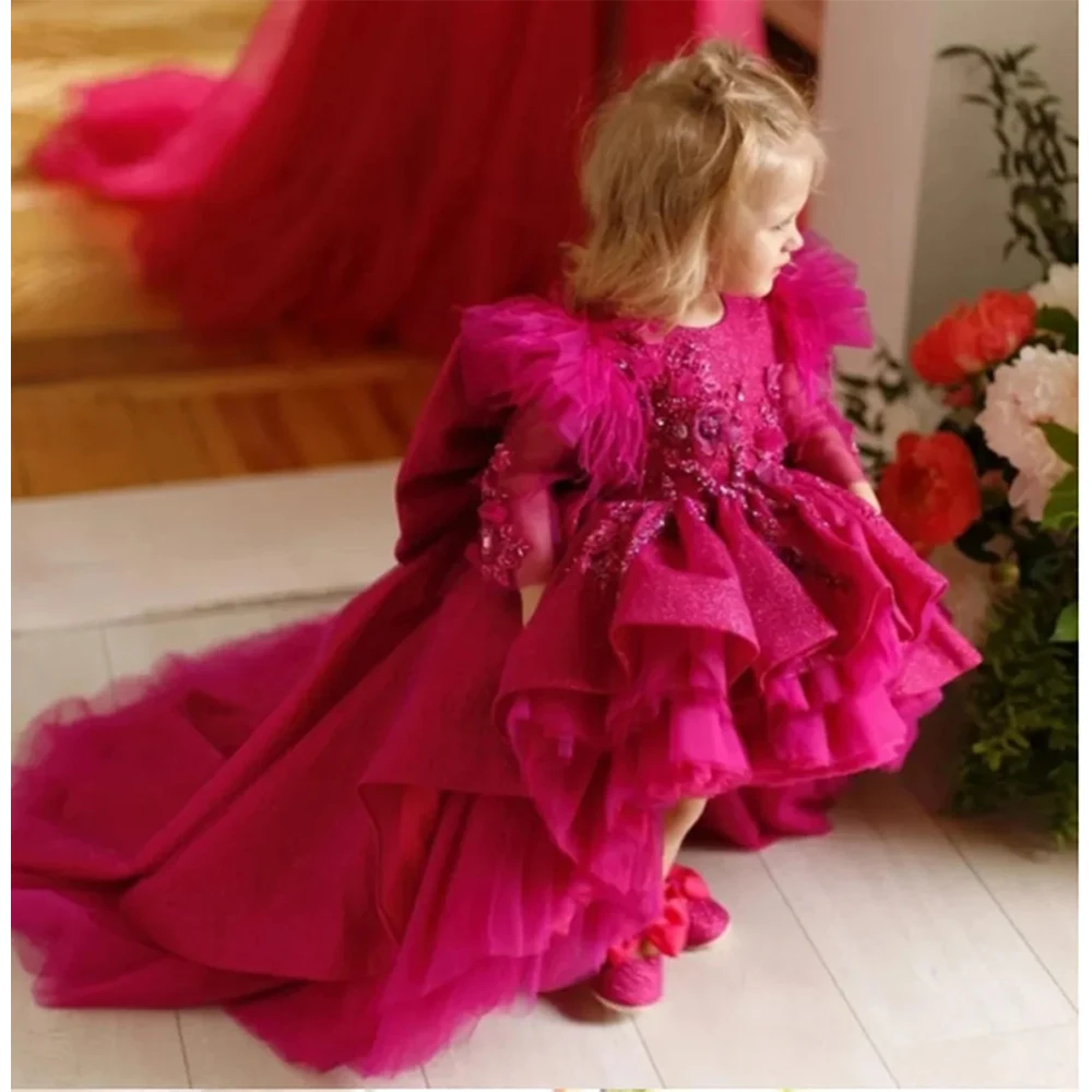 

Long Sleeve Appliques Lace Princess Flower Girl Dress for Wedding Tiered Puffy Tulle First Communion Gown Bow Belt Cute 2024