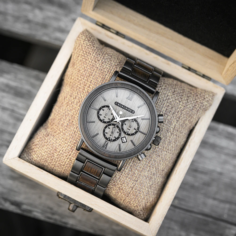 Bobo Bird Mens Horloge Hout En Roestvrij Staal Auto Date Display, Met Houten Doos Ondersteuning Op Maat Dropshipping