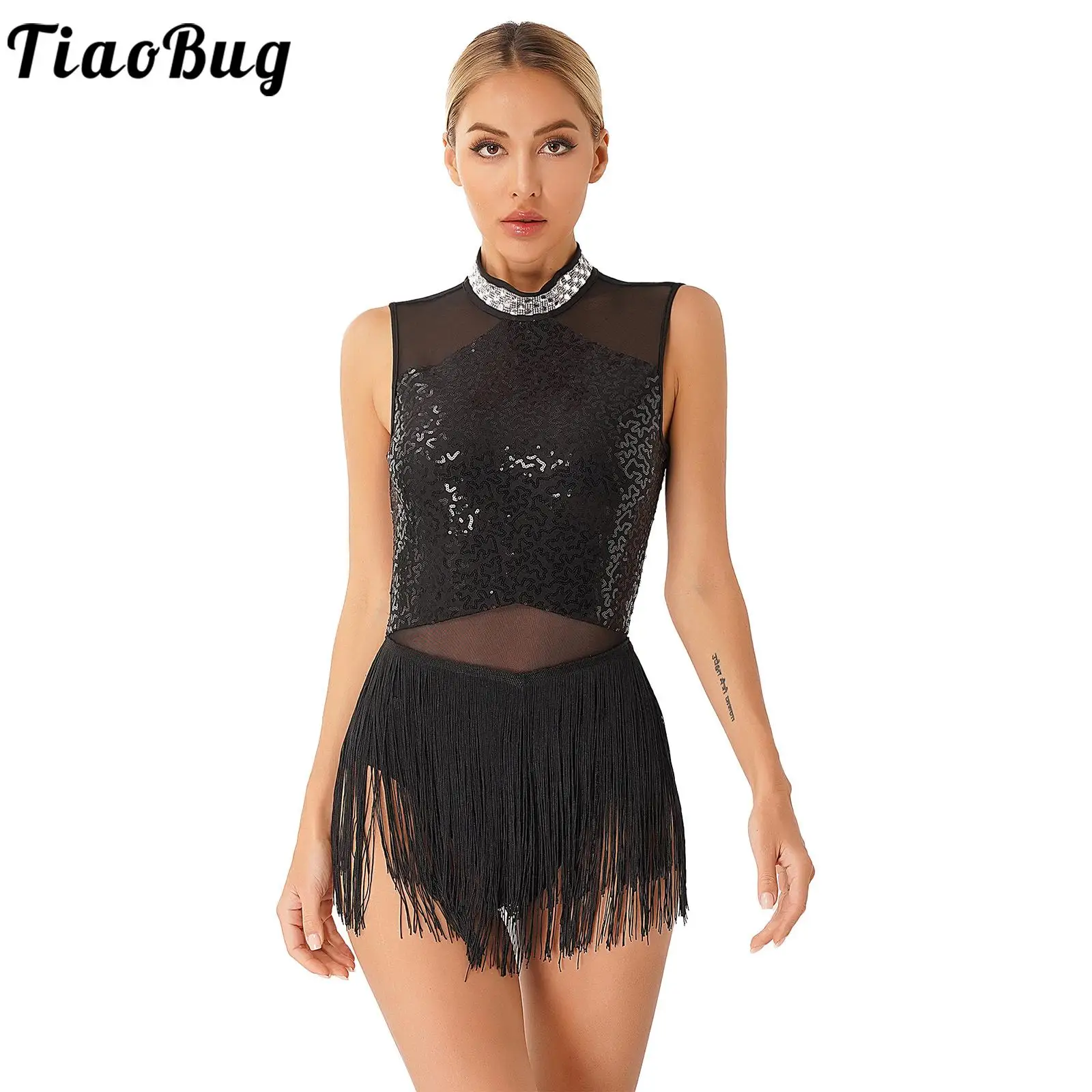 

Женское блестящее платье-трико с блестками, без рукавов