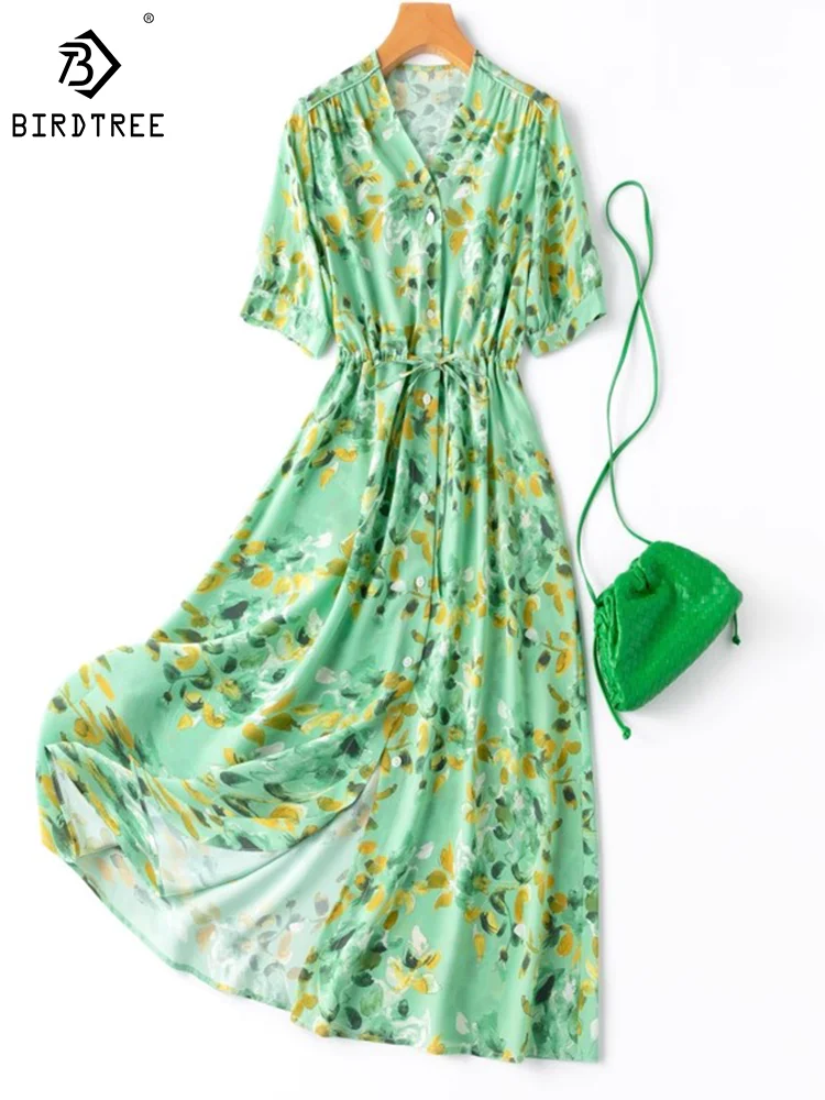 

Birdtree 100%Real Silk Crepe Women Floral Dresses V Neck Printed Long Shirt Dress Spring Summer Beach Style Clothes New T37765QM