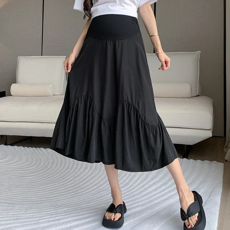 French Style Pregnant Woman High Waist A-line Summer Lightweight Maternity Skirt Umbrella Irregular Ruffles Skirt Black White