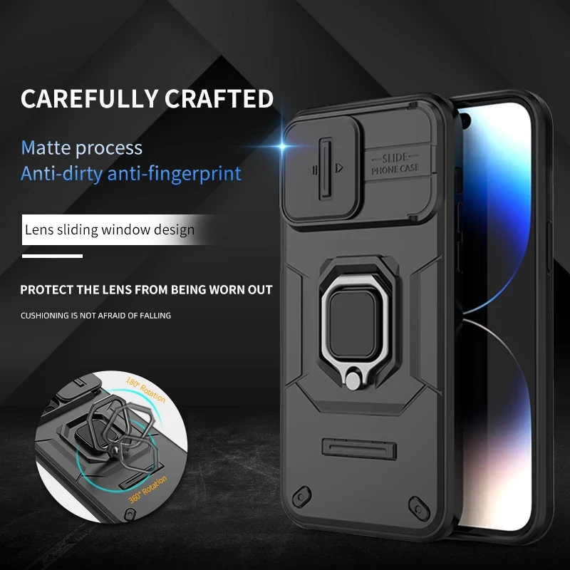 Bananq Slide Lens Camera Phone Case For iPhone 15 14 Plus 13 Pro Max Shockproof Magnetic Ring Stand Armor Back Cover_voghion.com