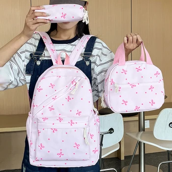 3-in-1 Bow Tie College School Backpack with Lunch Box and Pencil Case Cute Girl Backpacks School Backpack Set for Teens Women 1