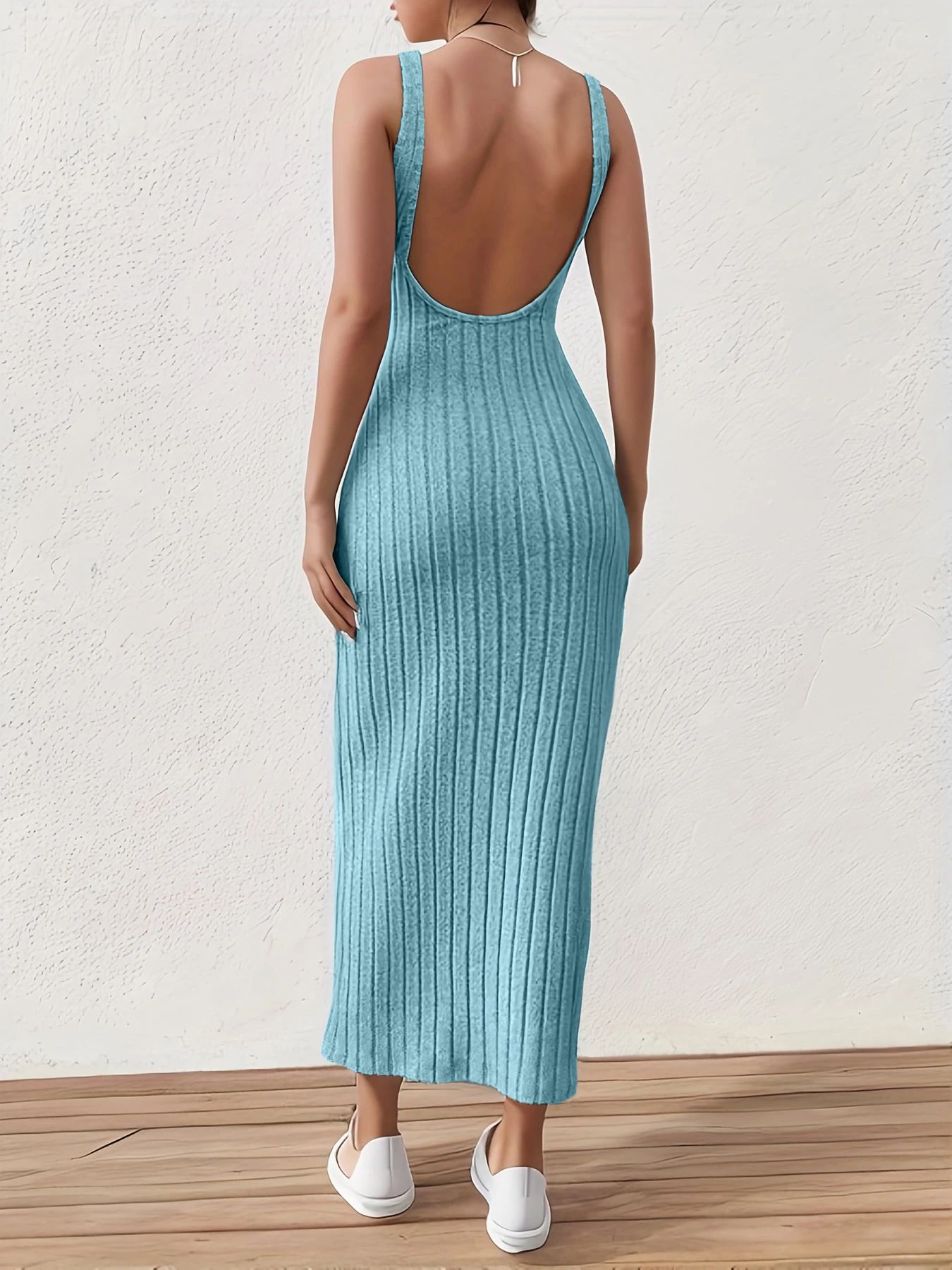 Solid Backless Tank Dress,Summer new sexy backless mid-length knitted sleeveless dress - Image 3